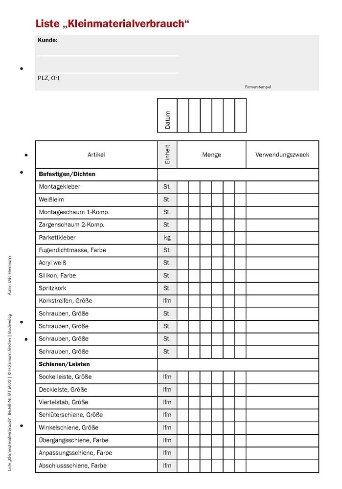 Liste Kleinmaterialverbrauch