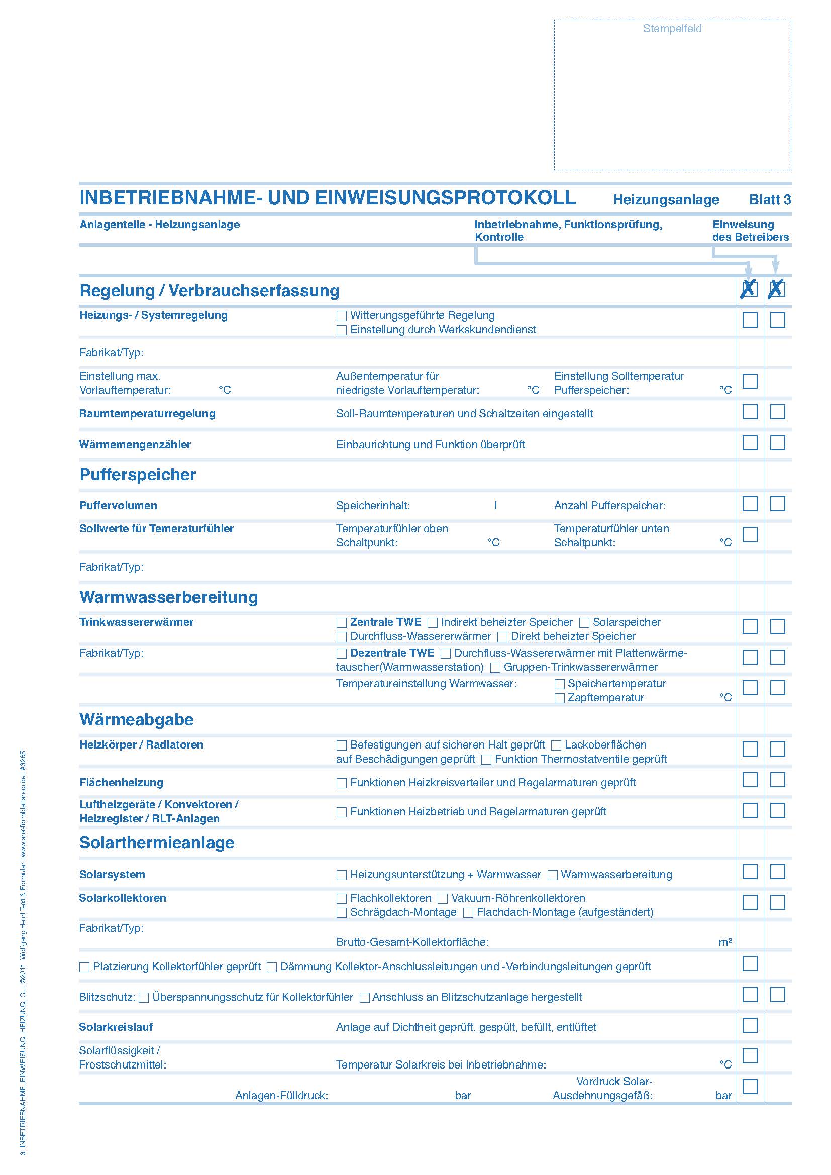 Inbetriebnahme- und Einweisungs-Protokoll für Heizungs- und Solarthermieanlagen