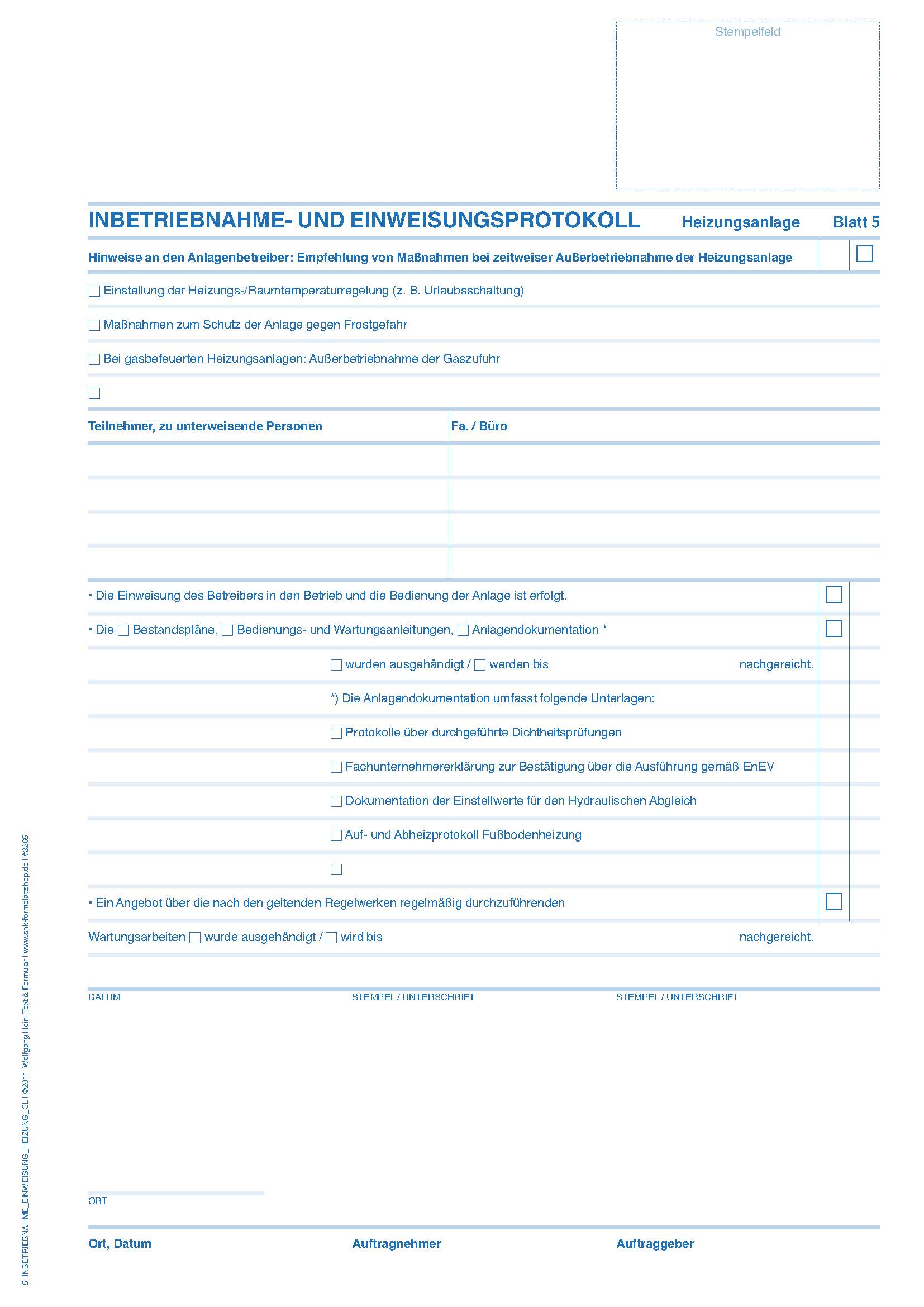 Inbetriebnahme- und Einweisungs-Protokoll für Heizungs- und Solarthermieanlagen