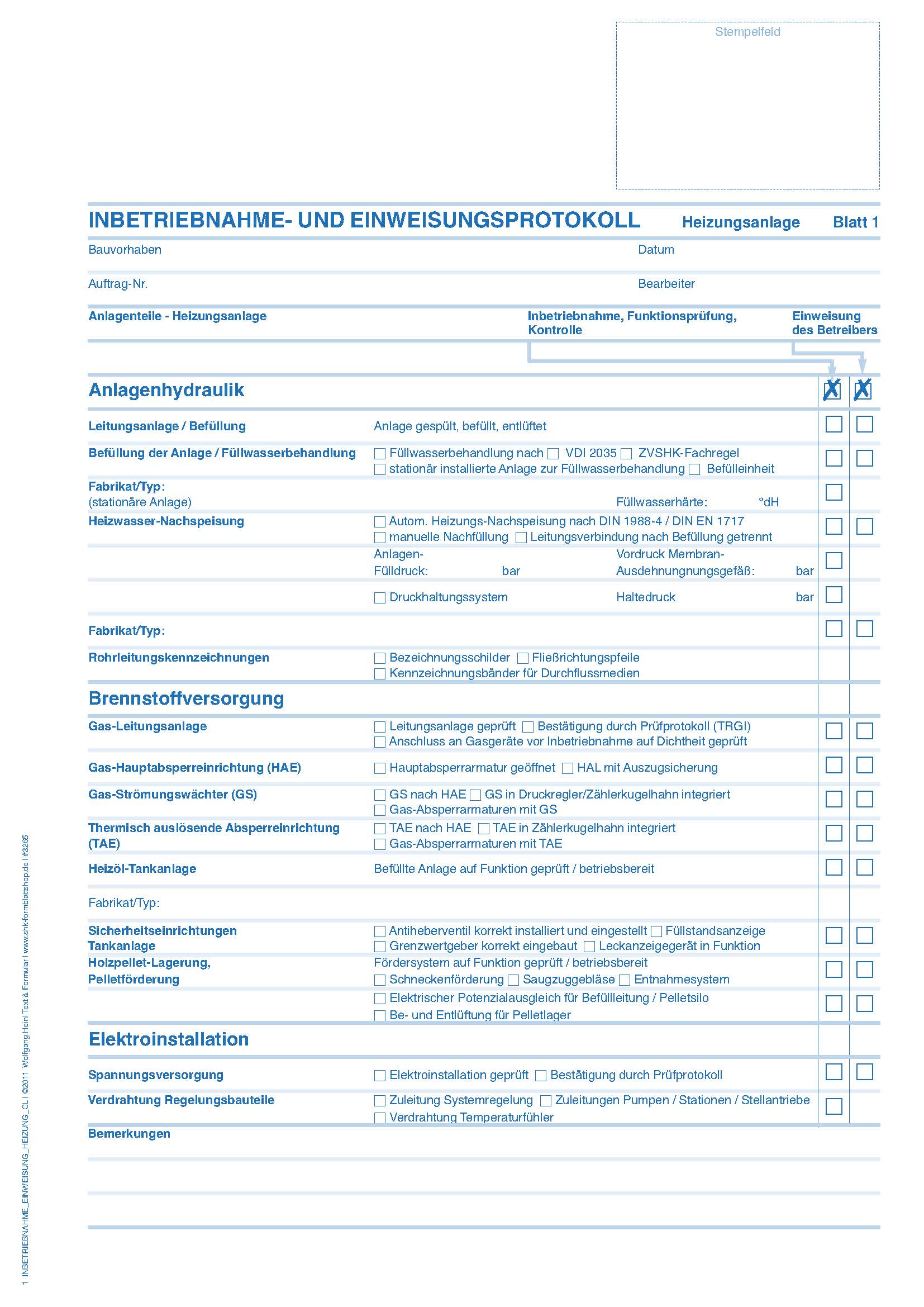 Inbetriebnahme- und Einweisungs-Protokoll für Heizungs- und Solarthermieanlagen