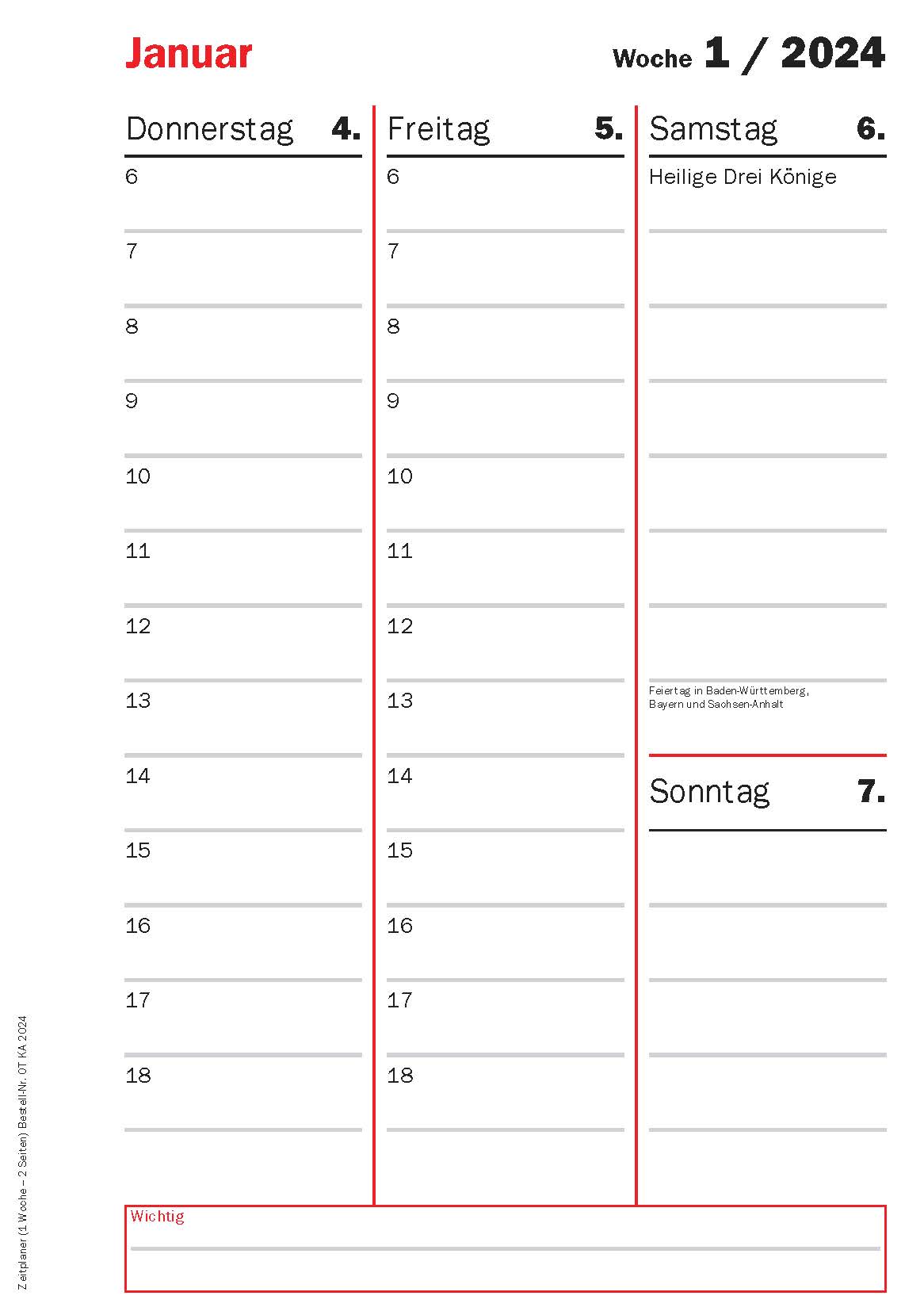 Timer-Kalenderteil 2024 (1 Woche - 2 Seiten)