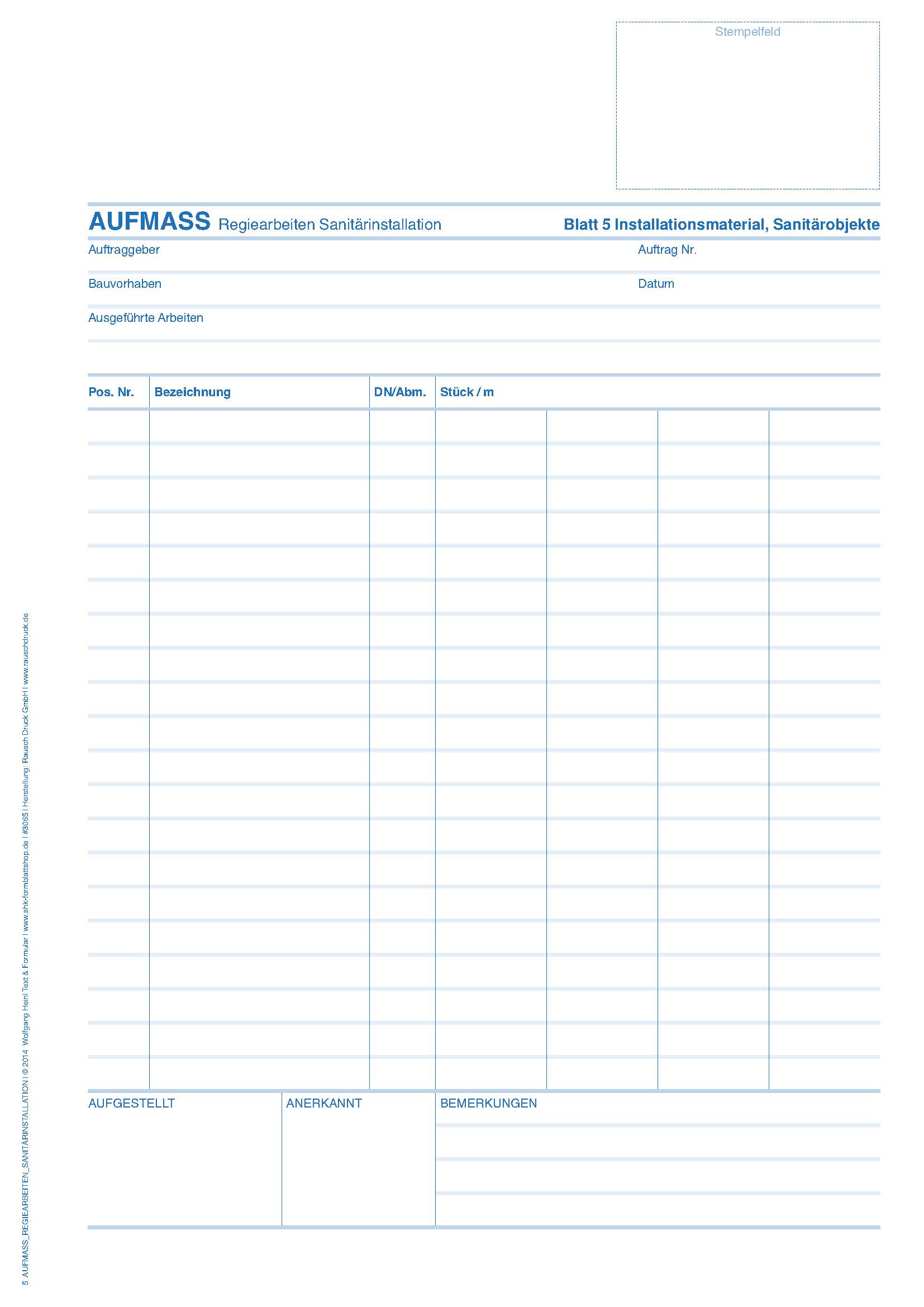 Aufmass Regiearbeiten Sanitärinstallation