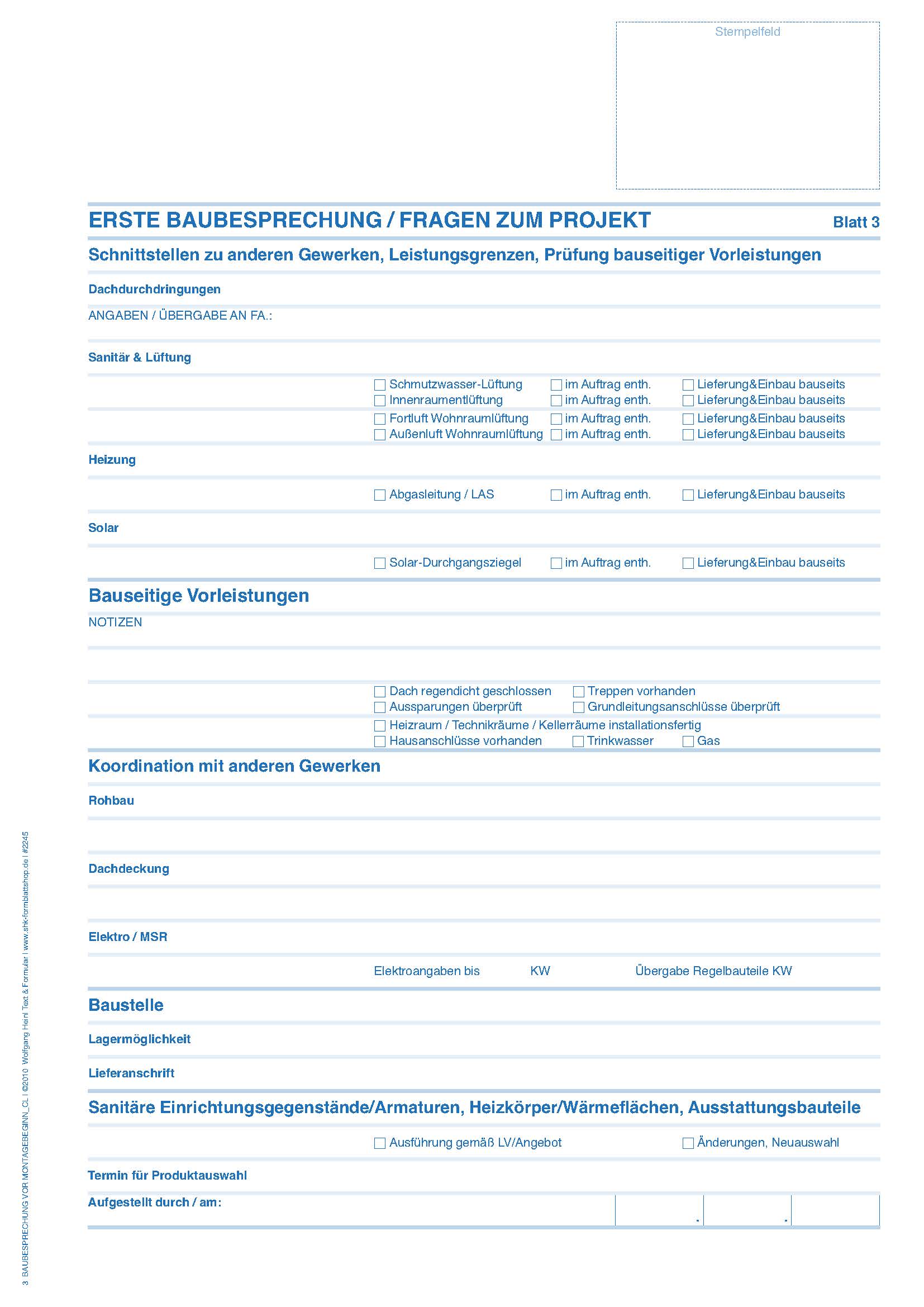 Baubesprechung vor Montagebeginn (Sanitär, Heizung, Wohnraumlüftung)