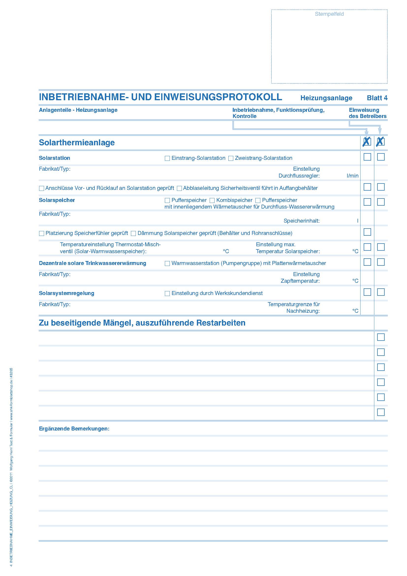 Inbetriebnahme- und Einweisungs-Protokoll für Heizungs- und Solarthermieanlagen