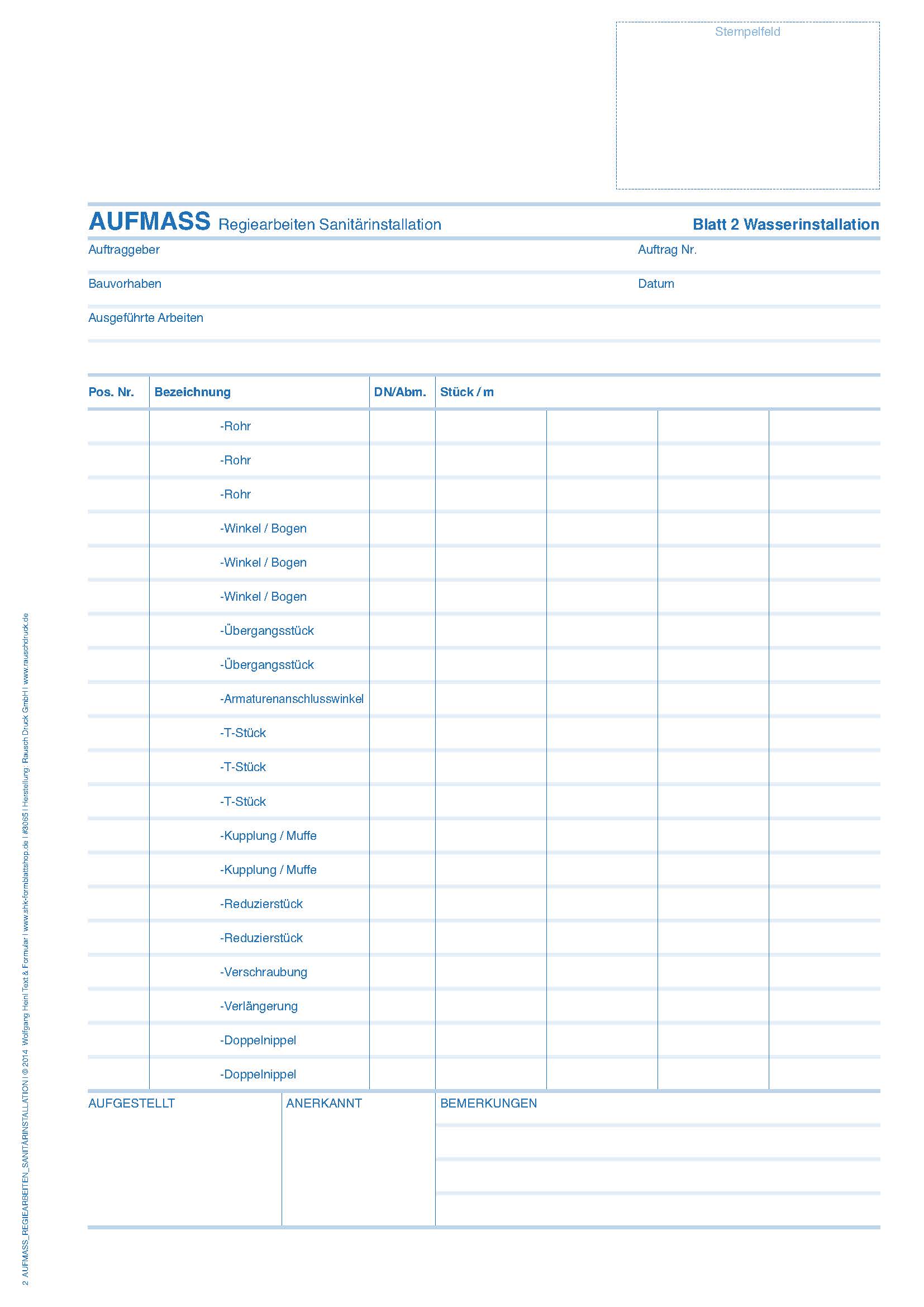 Aufmass Regiearbeiten Sanitärinstallation